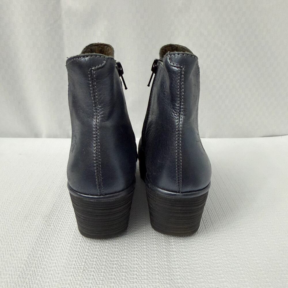 Fly London Yoss Boots Womens Size 8 Navy Blue Metallic Leather Wedge Booties 38 - Picture 5 of 12